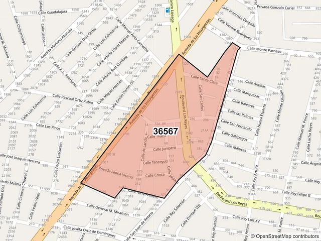 Mapa del código postal 36567, Irapuato, Guanajuato