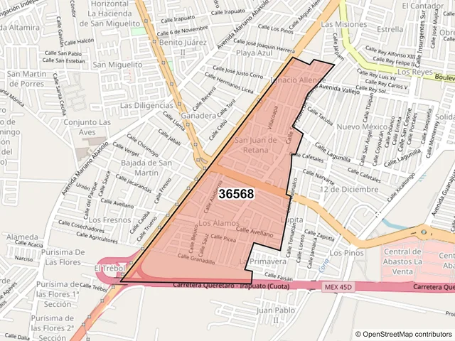 Mapa del código postal 36568, Irapuato, Guanajuato
