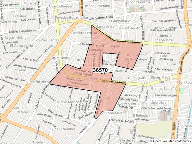 Mapa del código postal 36570, Irapuato, Guanajuato