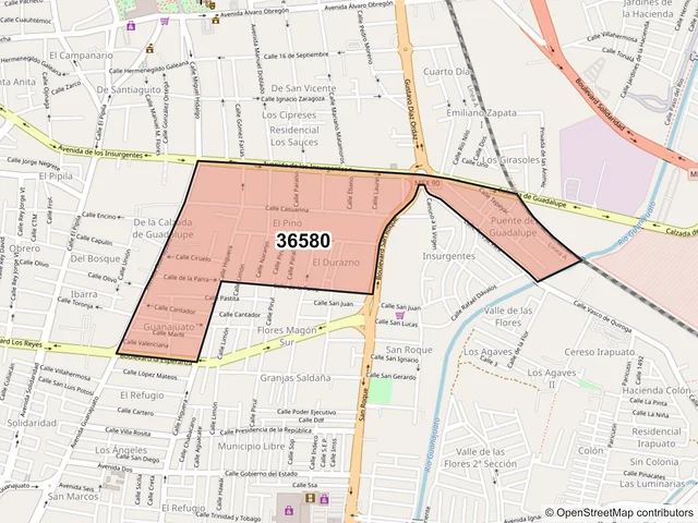 Mapa del código postal 36580, Irapuato, Guanajuato