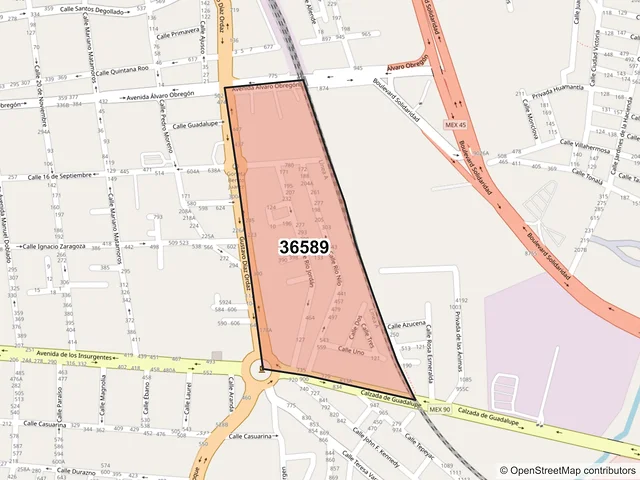 Mapa del código postal 36589, Irapuato, Guanajuato