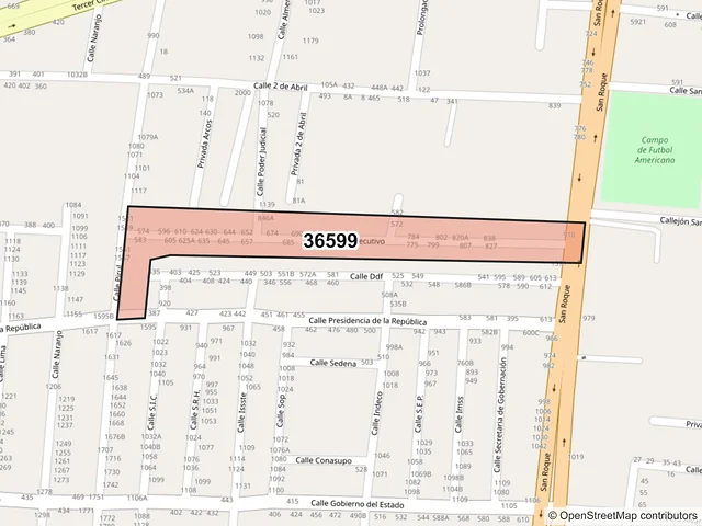 Mapa del código postal 36599, Irapuato, Guanajuato