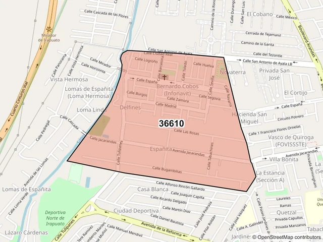 Mapa del código postal 36610, Irapuato, Guanajuato