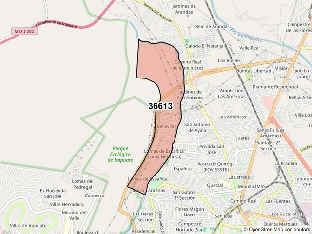 Mapa del código postal 36613, Irapuato, Guanajuato