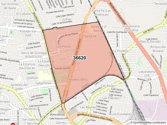 Mapa del código postal 36620, Irapuato, Guanajuato