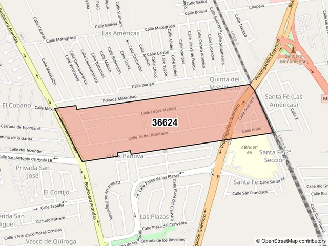 Mapa del código postal 36624, Irapuato, Guanajuato
