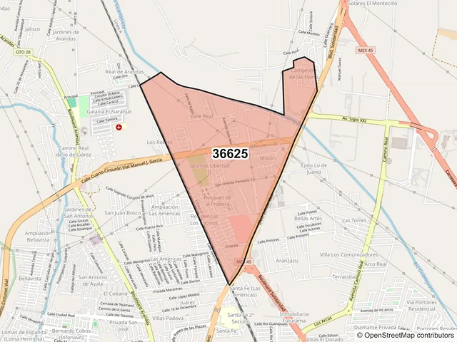 Mapa del código postal 36625, Irapuato, Guanajuato