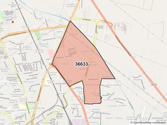 Mapa del código postal 36633, Irapuato, Guanajuato