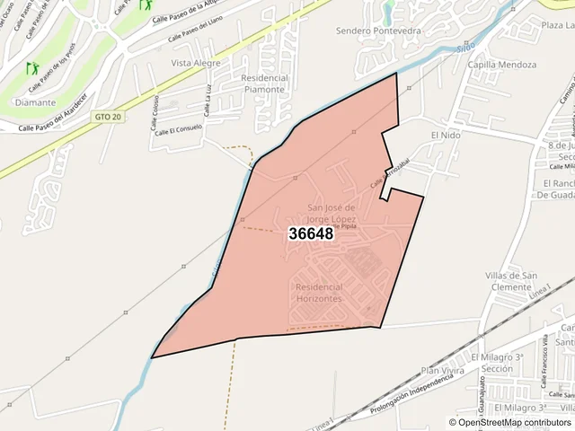 Mapa del código postal 36648, Irapuato, Guanajuato