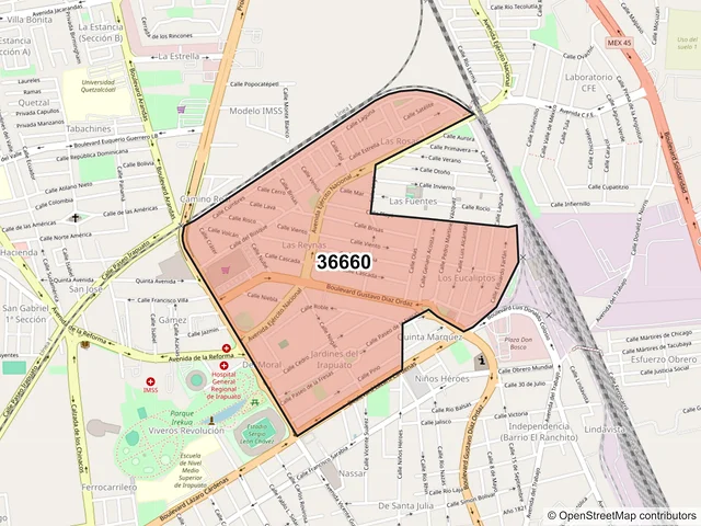 Mapa del código postal 36660, Irapuato, Guanajuato