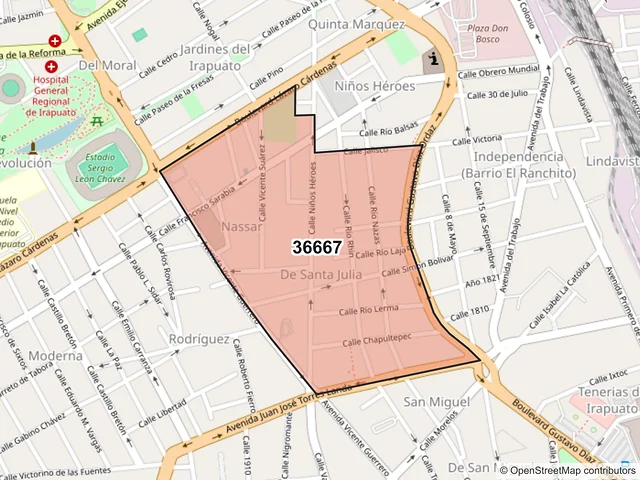 Mapa del código postal 36667, Irapuato, Guanajuato