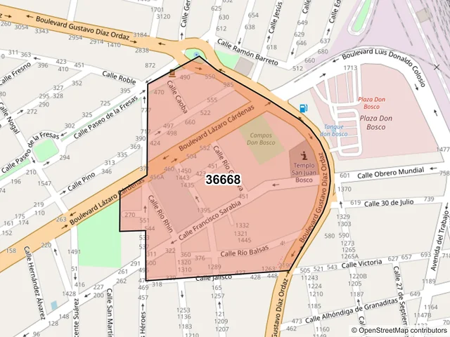 Mapa del código postal 36668, Irapuato, Guanajuato
