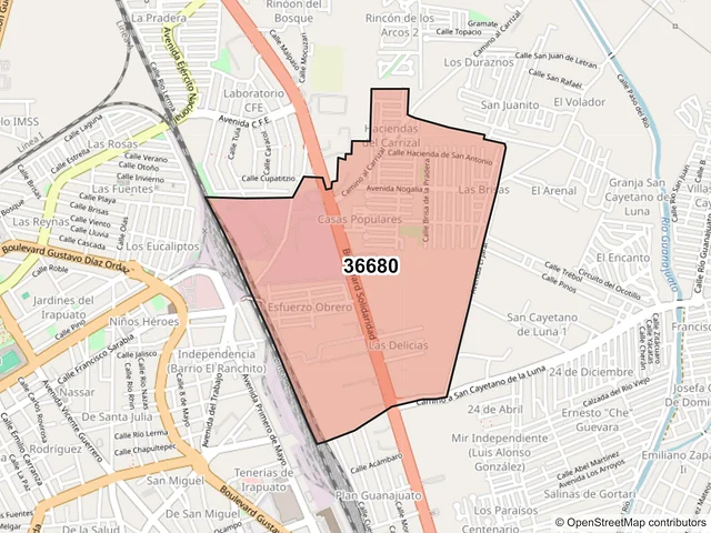 Mapa del código postal 36680, Irapuato, Guanajuato