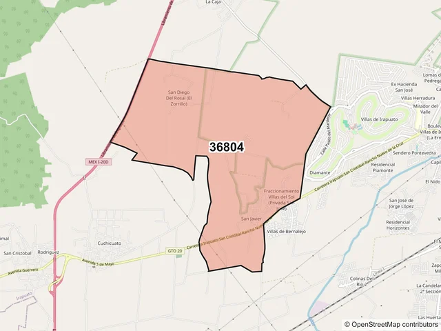 Mapa del código postal 36804, Irapuato, Guanajuato