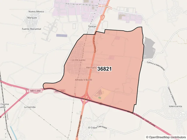 Mapa del código postal 36821, Irapuato, Guanajuato