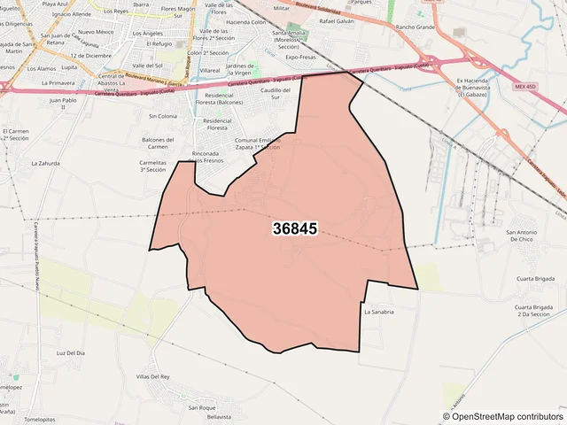 Mapa del código postal 36845, Irapuato, Guanajuato