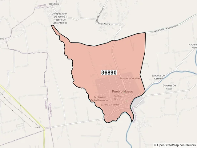 Mapa del código postal 36890, Pueblo Nuevo, Guanajuato