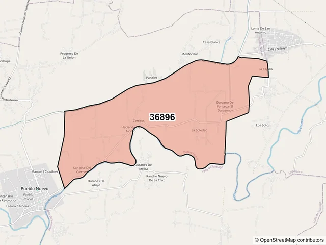 Mapa del código postal 36896, Pueblo Nuevo, Guanajuato