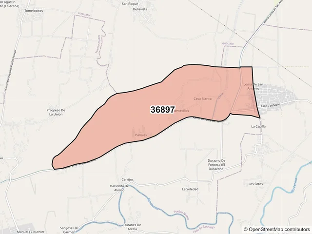 Mapa del código postal 36897, Pueblo Nuevo, Guanajuato