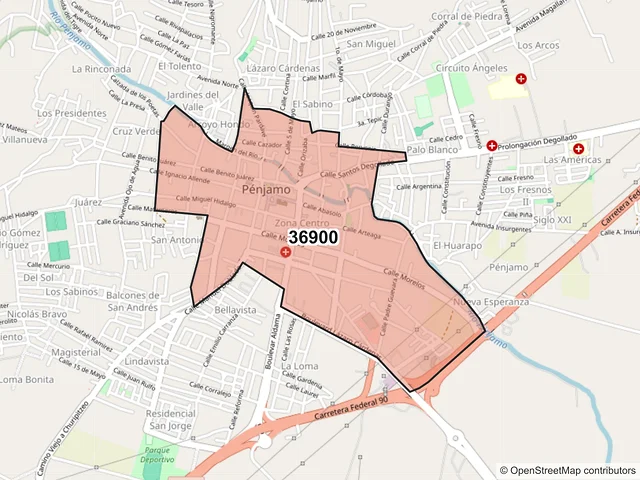 Mapa del código postal 36900, Pénjamo, Guanajuato