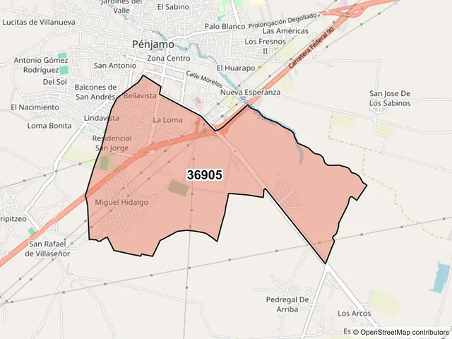 Mapa del código postal 36905, Pénjamo, Guanajuato