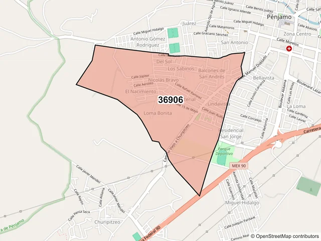 Mapa del código postal 36906, Pénjamo, Guanajuato
