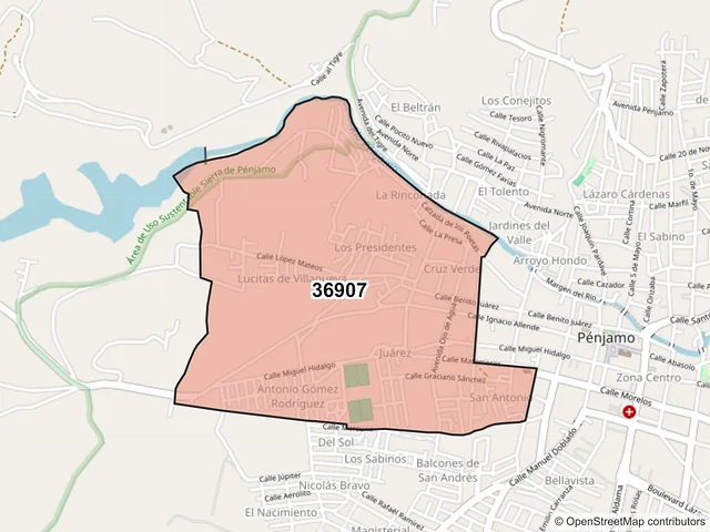 Mapa del código postal 36907, Pénjamo, Guanajuato