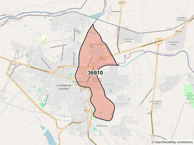 Mapa del código postal 36910, Pénjamo, Guanajuato