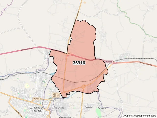 Mapa del código postal 36916, Pénjamo, Guanajuato
