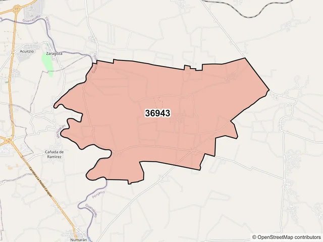 Mapa del código postal 36943, Pénjamo, Guanajuato