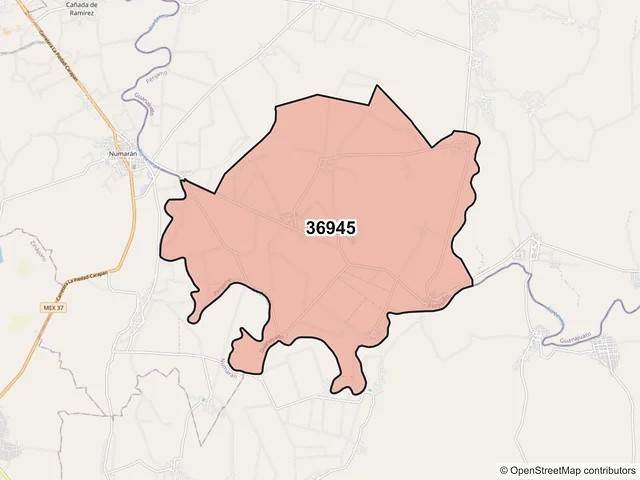 Mapa del código postal 36945, Pénjamo, Guanajuato