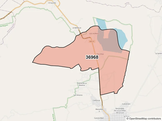 Mapa del código postal 36968, Cuerámaro, Guanajuato