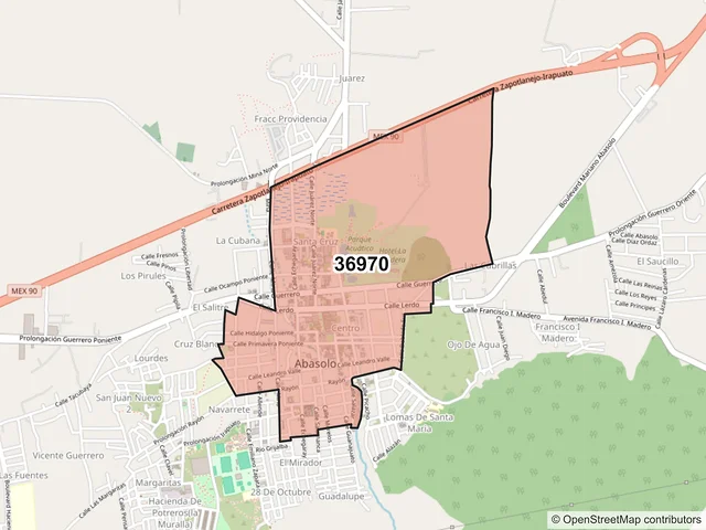Mapa del código postal 36970, Abasolo, Guanajuato