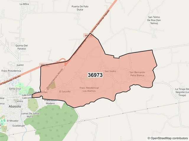 Mapa del código postal 36973, Abasolo, Guanajuato