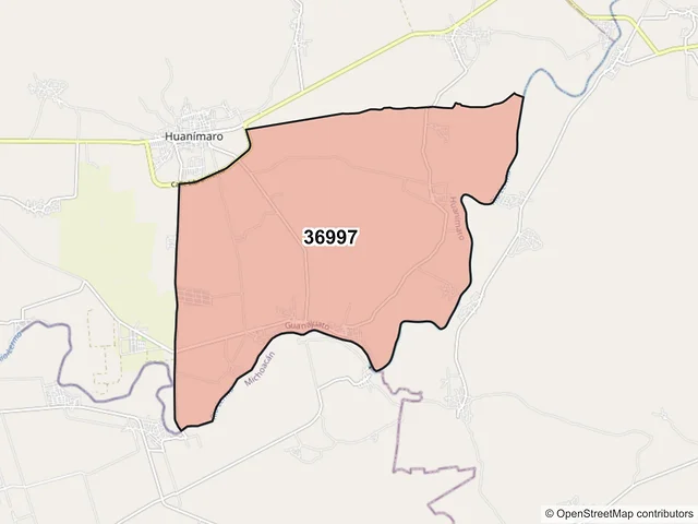 Mapa del código postal 36997, Huanímaro, Guanajuato