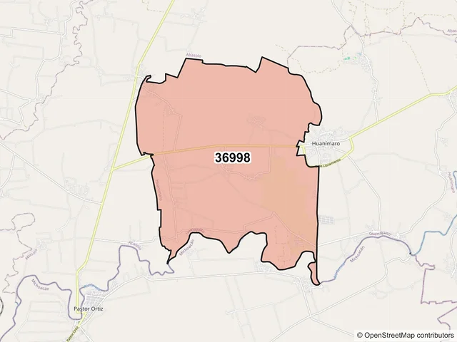 Mapa del código postal 36998, Huanímaro, Guanajuato
