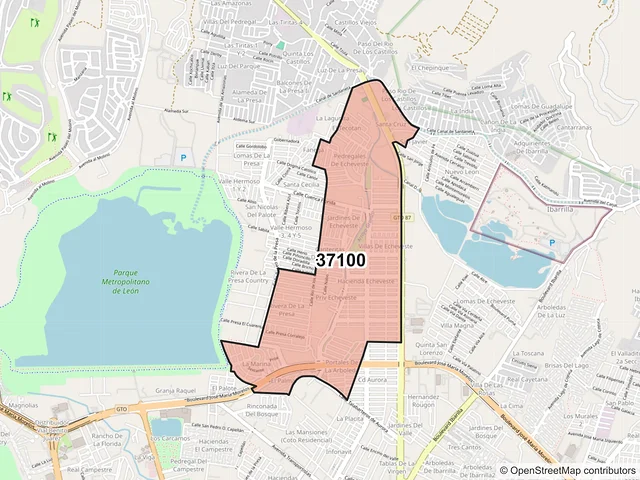 Mapa del código postal 37100, León, Guanajuato