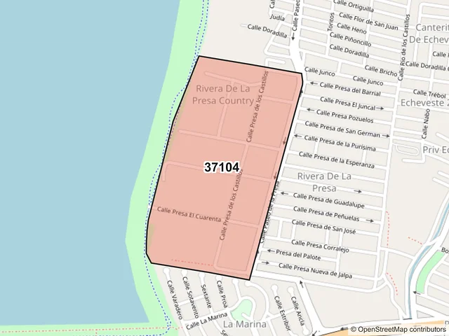 Mapa del código postal 37104, León, Guanajuato