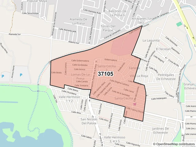 Mapa del código postal 37105, León, Guanajuato