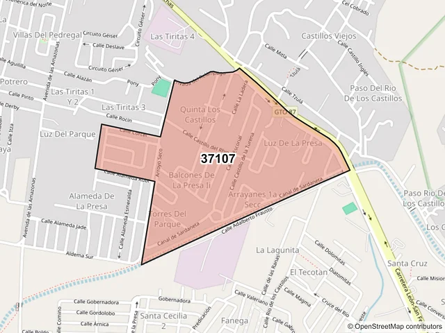 Mapa del código postal 37107, León, Guanajuato