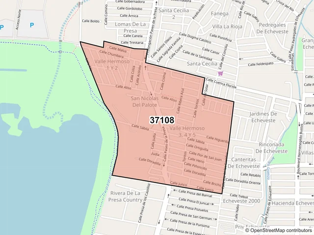 Mapa del código postal 37108, León, Guanajuato