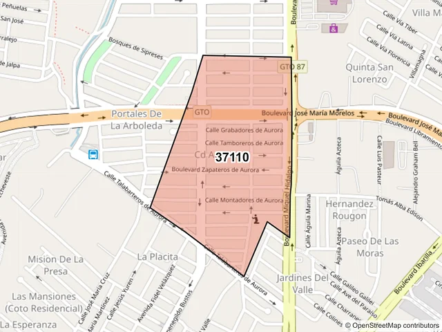 Mapa del código postal 37110, León, Guanajuato