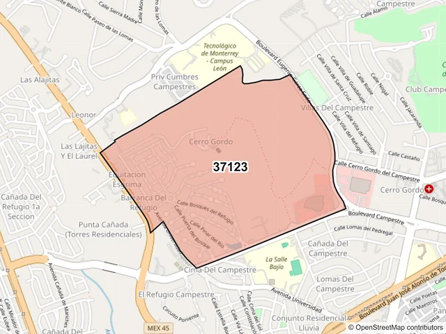 Mapa del código postal 37123, León, Guanajuato