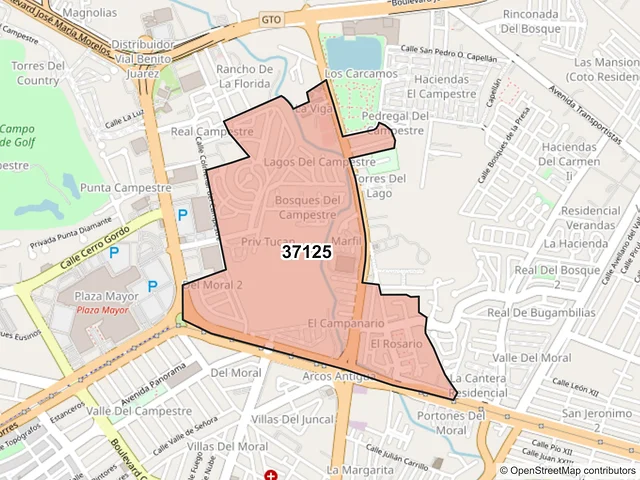 Mapa del código postal 37125, León, Guanajuato