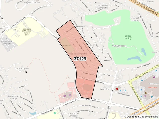 Mapa del código postal 37129, León, Guanajuato