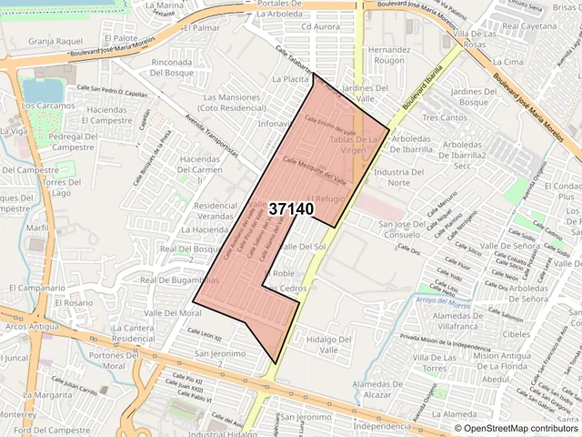 Mapa del código postal 37140, León, Guanajuato