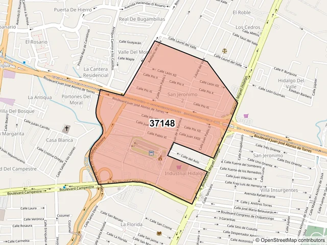 Mapa del código postal 37148, León, Guanajuato