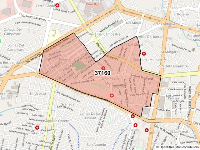 Mapa del código postal 37160, León, Guanajuato