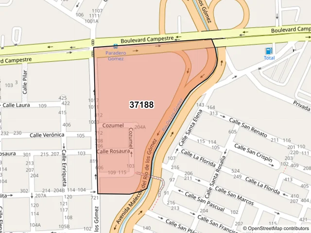 Mapa del código postal 37188, León, Guanajuato