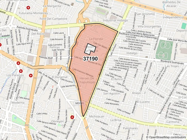 Mapa del código postal 37190, León, Guanajuato